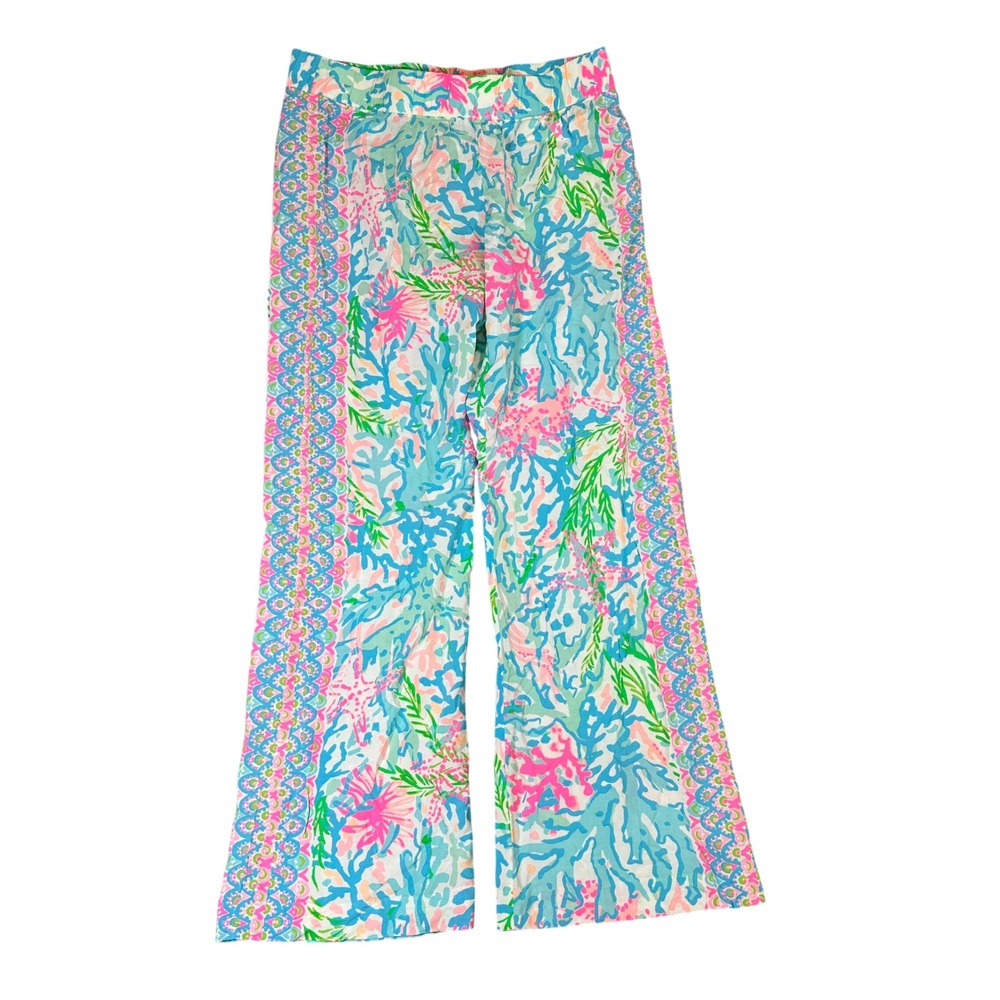 Lilly Pulitzer Womens Large Palazzo Pants Blue Pink Coral Starfish Print Rayon